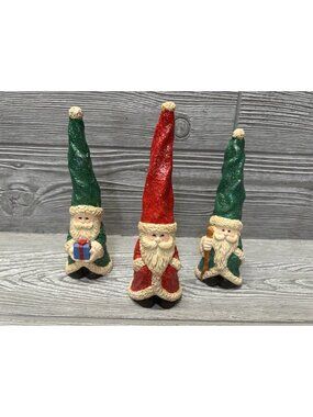 Lot of 3 Hand Painted Resin Santa Claus Figurines Tall Hats Artist Signed 7”